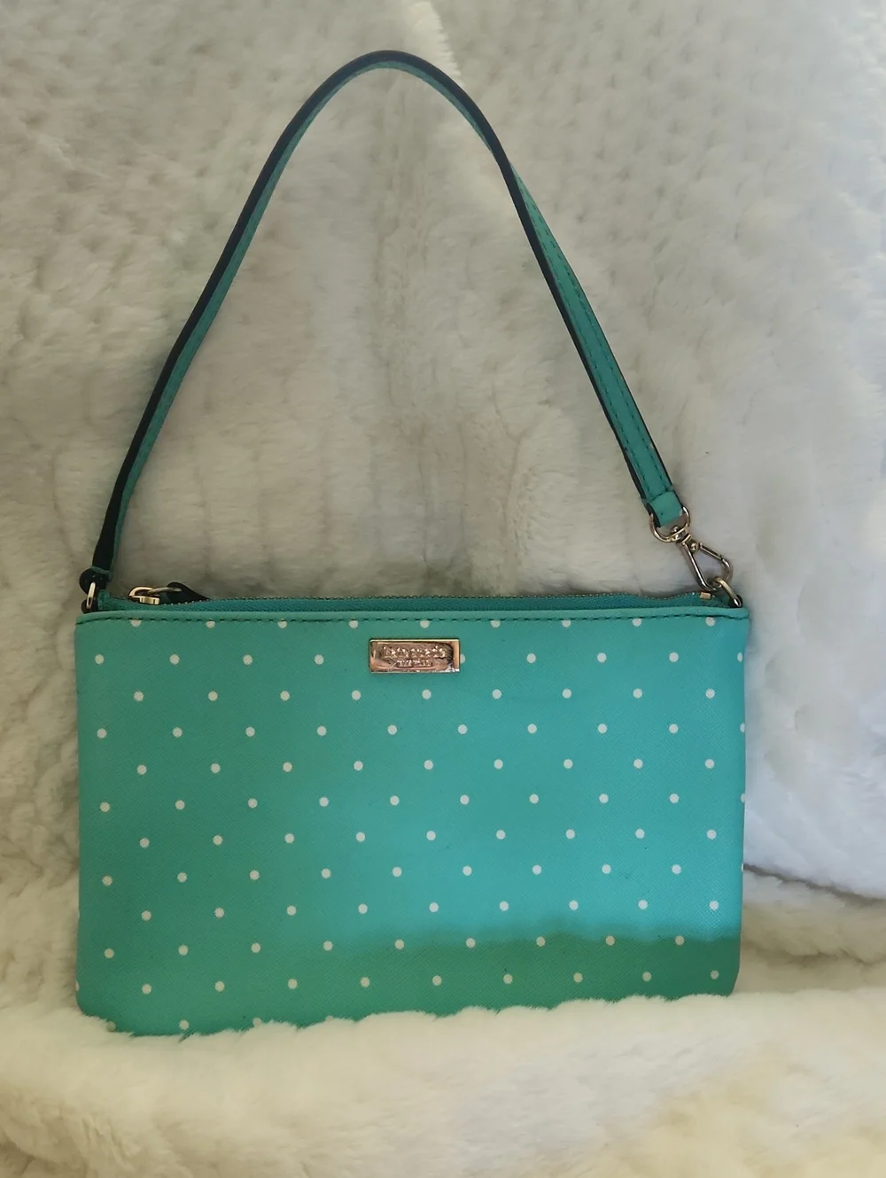 kate spade teal polka dot clutch/wristlet with strap